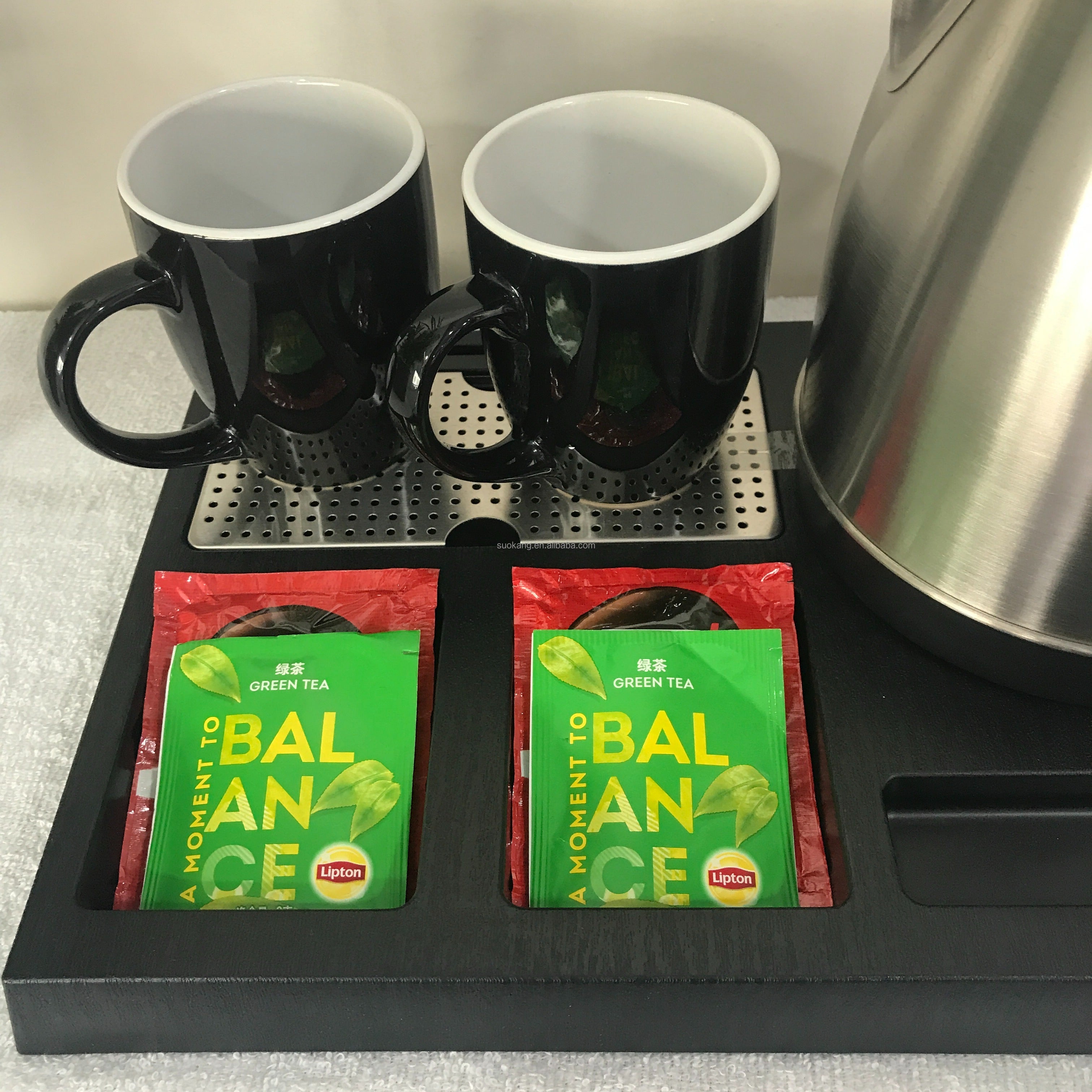 1.8L Cordless Plastic Hotel Kettle Tray Set with Welcome Tray and Cups for Household Tea Use in Guestrooms