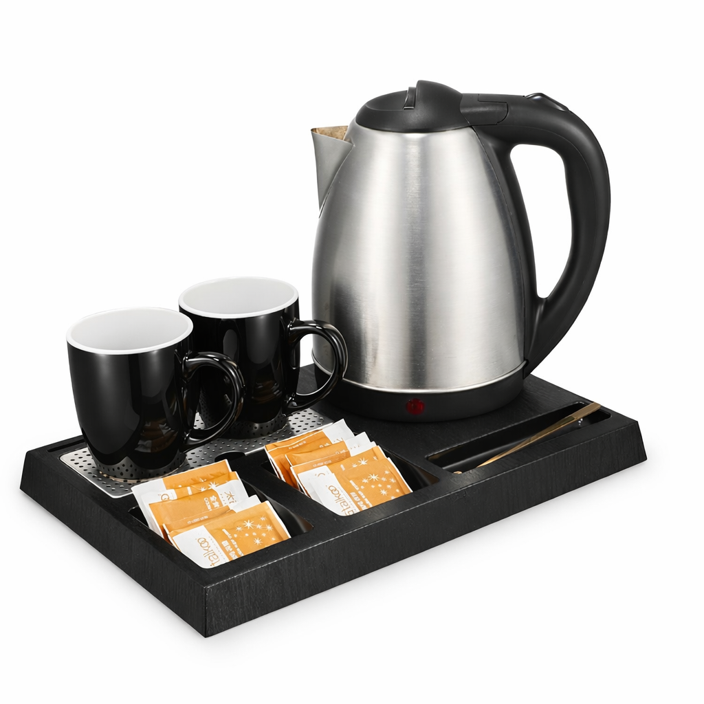 1.8L Cordless Plastic Hotel Kettle Tray Set with Welcome Tray and Cups for Household Tea Use in Guestrooms