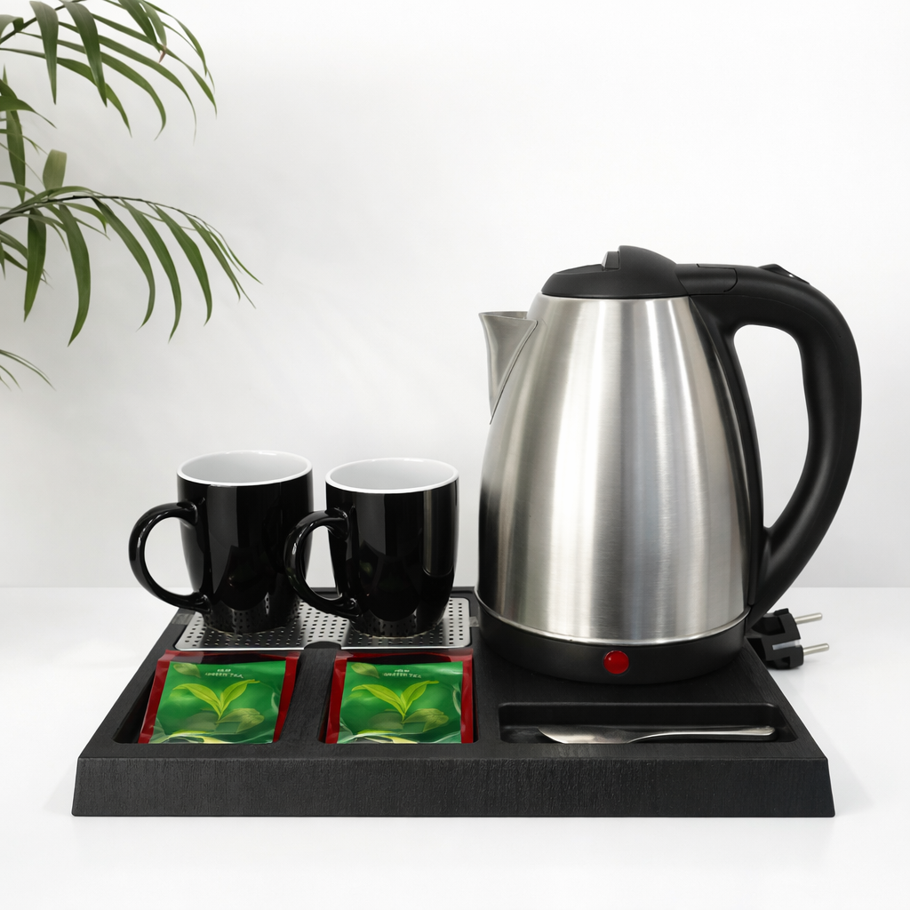 1.8L Cordless Plastic Hotel Kettle Tray Set with Welcome Tray and Cups for Household Tea Use in Guestrooms