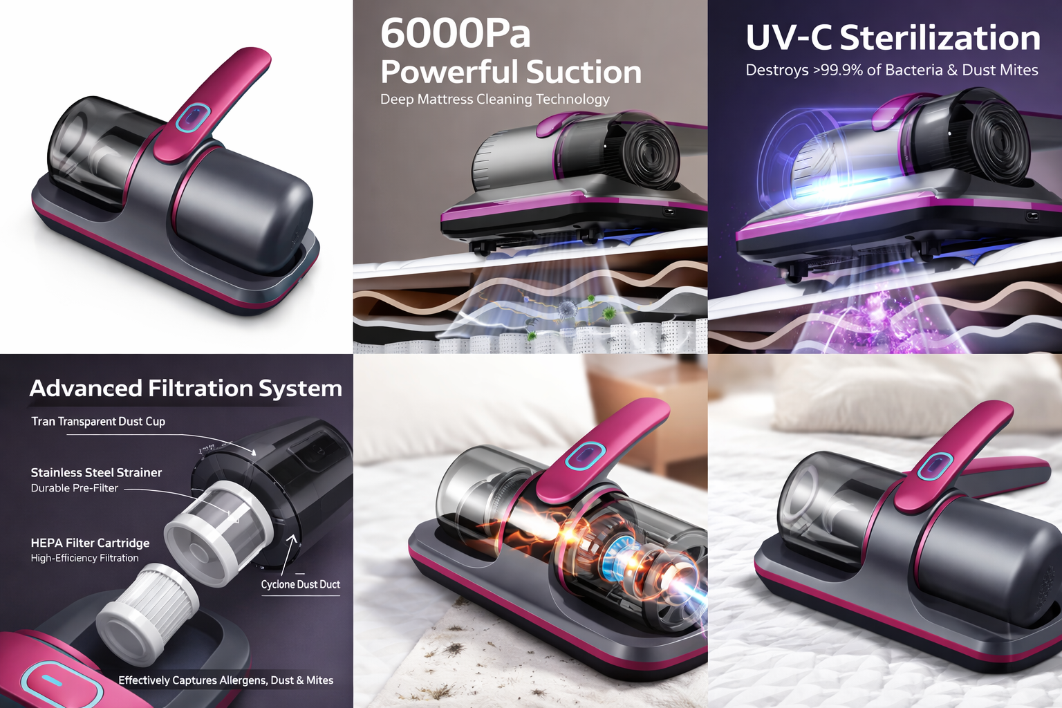 Mattress Vacuum Cleaner 100W Handheld Cordless UV Bed Vacuum Cleaner 2 Speeds Adjustable 250ml