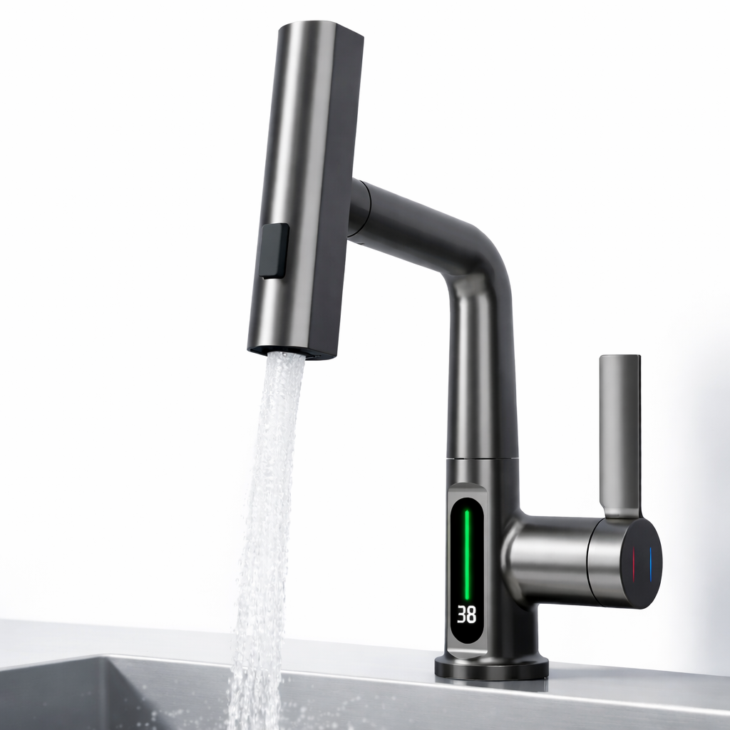 Digital Display Bathroom Basin Faucet with Pull-Out 3-Way Sprayer