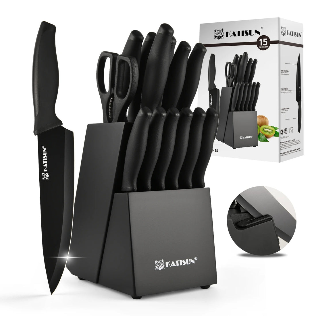 15 Piece High Quality Stainless Steel Kitchen Knife Set with Sharpener Black Knife Set with Block