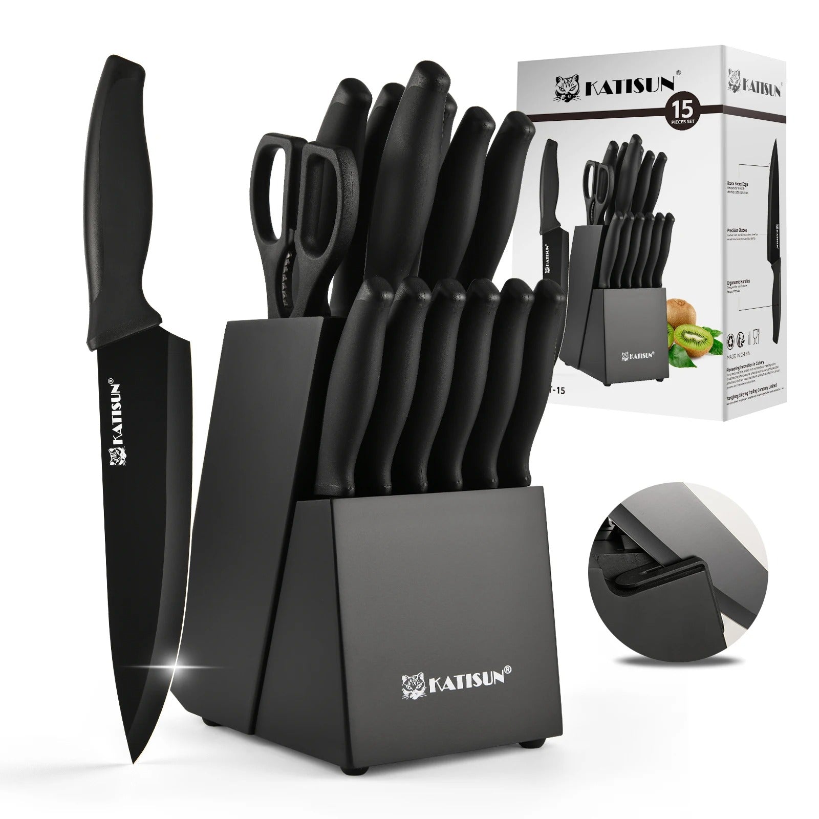 15 Piece High Quality Stainless Steel Kitchen Knife Set with Sharpener Black Knife Set with Block