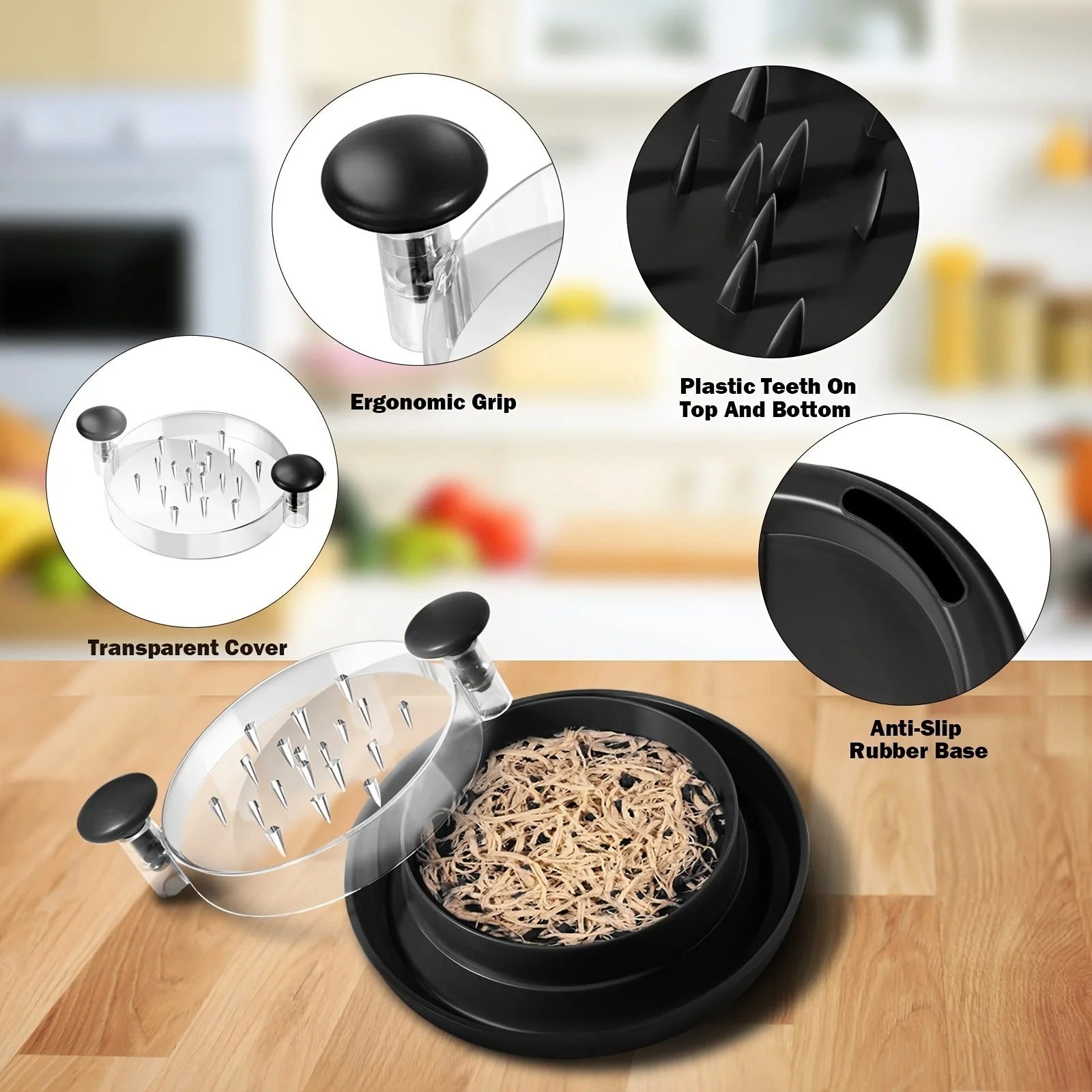 Chicken Shredder with Transparent Cover: Large Anti-Slip Rotating Tool for Chopping Chicken, Beef