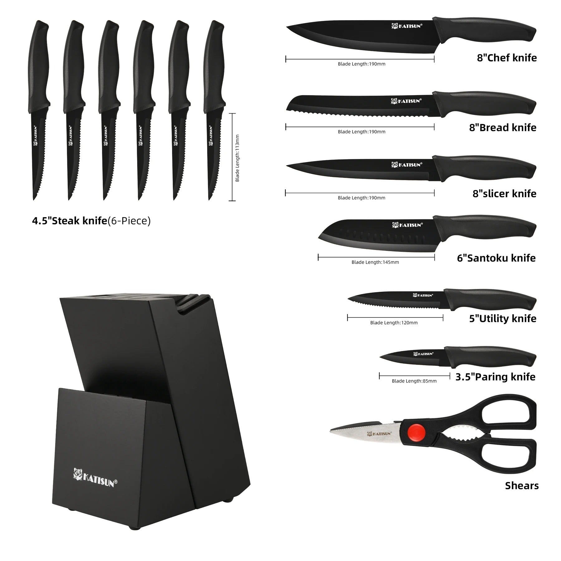 15 Piece High Quality Stainless Steel Kitchen Knife Set with Sharpener Black Knife Set with Block