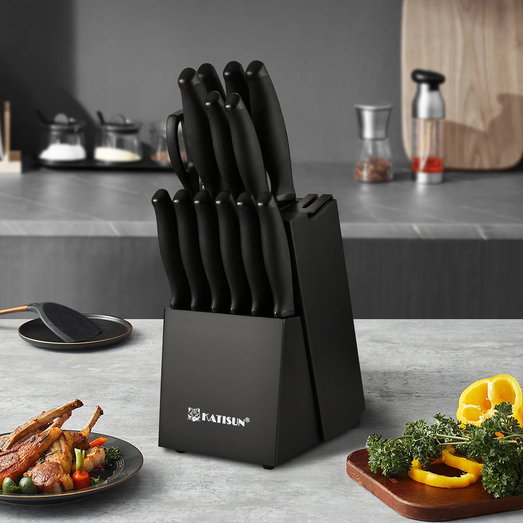 15 Piece High Quality Stainless Steel Kitchen Knife Set with Sharpener Black Knife Set with Block